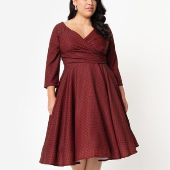 Unique Vintage Dresses & Skirts - Unique Vintage Plus Size Dark Green Polka Dot Swing Dress